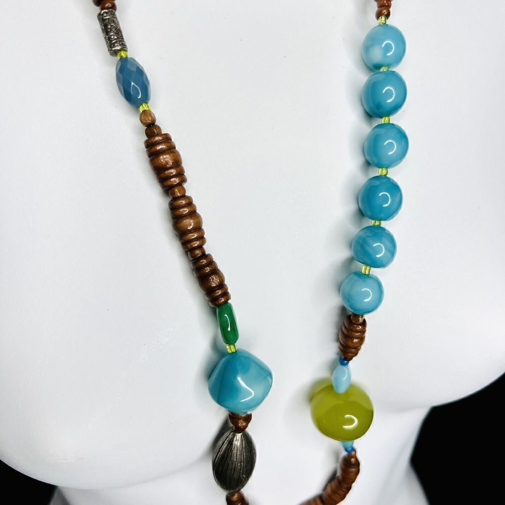 Vintage Lucite Wood Silver Beads Tibetan Necklace Mixed Media Chunky Beads 4009 - Picture 3 of 13
